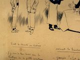 dessin représentant un groupe d'hommes debout autour d'une table, un verre de vin à la main
