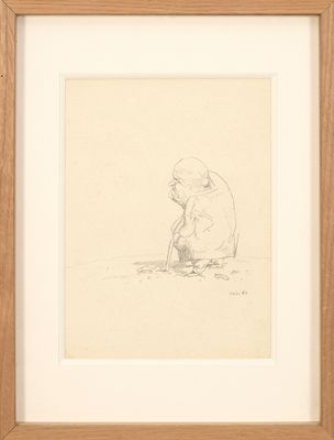 dessin encadré représentant un ours assis par terre, coiffé d'un chapeau