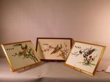 trois photos encadrées représentant des oiseaux et des fleurs sont posées sur une table