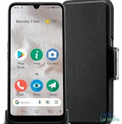 a close up of a cell phone with a leather case