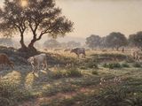 un tableau représentant des vaches paissant dans un champ, à l'ombre d'un arbre