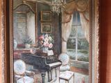 a painting on the wall of a room with a piano and chairs
