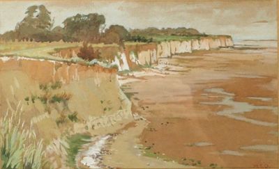 un tableau représentant une vue sur une plage depuis une falaise