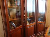 une photo d'un salon avec une bibliothèque et un tapis