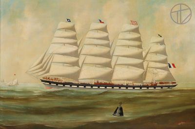 painting of a sailing ship in the ocean with other boats in the background