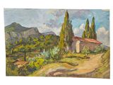 an oil painting of a country road with a house and trees