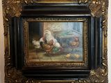 une photo d'un tableau représentant des poulets et des poulets dans une grange