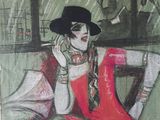 painting of a woman in a red dress and a man in a black hat