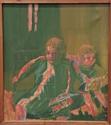 a painting of two people sitting on a couch