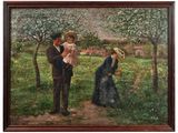 an oil painting of a man holding a child and a woman holding a baby