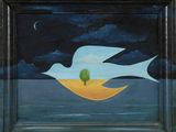 une image d'une peinture représentant un oiseau volant au-dessus d'une étendue d'eau