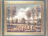 a painting of a landscape with trees and sheep in the foreground