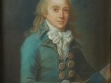 portrait of a young man in a blue coat holding a flag