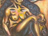 une peinture à l'huile représentant une femme assise sur une chaise, les jambes croisées