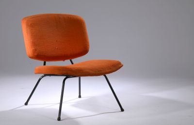 an orange chair with a black metal frame and a white background