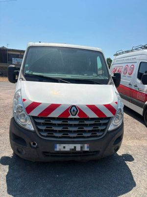 a white van with red stripes parked in a parking lot