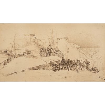 un vieux dessin représentant un groupe de personnes sur une colline