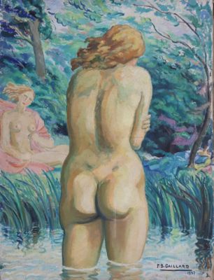 une peinture à l'huile représentant une femme debout dans un plan d'eau