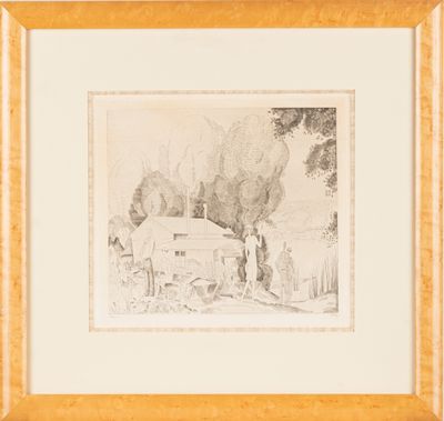 un dessin représentant une maison devant laquelle se tient un homme