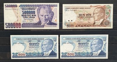quatre billets de banque différents portant l'image d'un homme et d'une femme