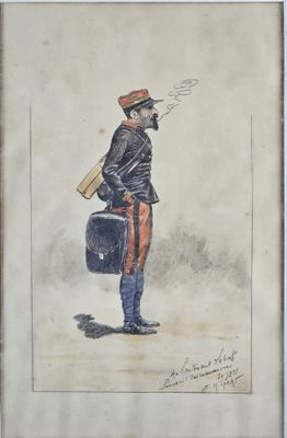 painting of a man in uniform holding a suitcase and smoking a cigarette
