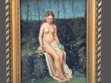 an oil painting of a nude woman sitting in a field