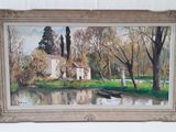 a picture of a painting of a house by the water