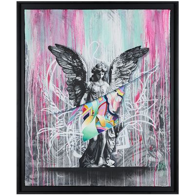 un tableau représentant un ange tenant un papillon sur un fond rose