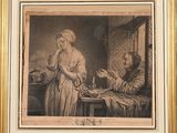 an old picture of a man and a woman sitting at a table in front of a window