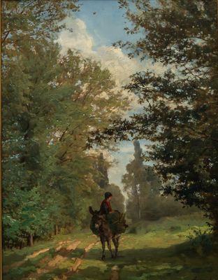 an image of a painting of a man riding a horse in a wooded area