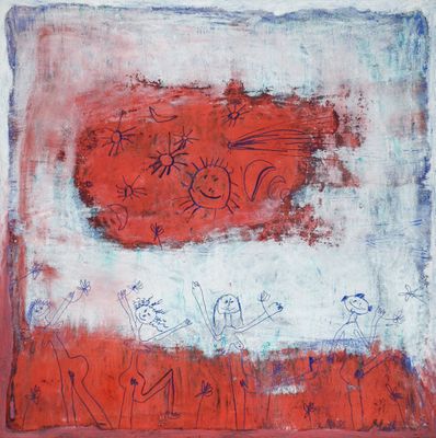 un tableau représentant un tableau rouge et blanc sur lequel figure un dessin