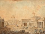 painting of a view of a palace with a horse drawn carriage in the foreground
