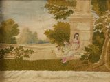 an old picture of a woman sitting on a bench in a park