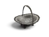 a silver basket with a handle on a white background