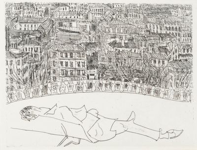 an image of a drawing of a person laying on the ground in front of a city