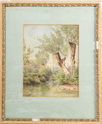 an image of a painting of a deer jumping over a river