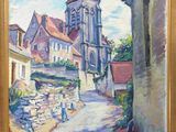 an oil painting of a street in a village with a church in the background