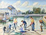 a painting of a group of people working on a boat
