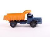a blue and orange toy truck on a white surface
