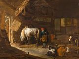 un tableau représentant un homme et un cheval dans une grange