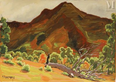 une image représentant un tableau représentant un paysage de montagne avec un arbre tombé
