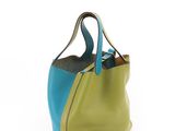 leather tote bag in green, blue and yellow