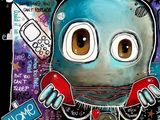 a painting of a blue robot with a crown on it ' s head