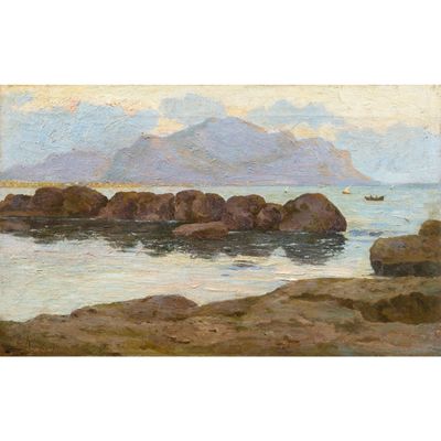 une image représentant une peinture d'un rivage rocheux avec un bateau au loin