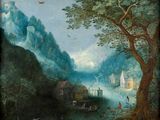 an image of a painting of a river scene with a village in the distance