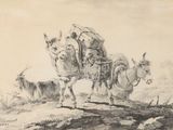 a drawing of a man riding a horse with a pack on it