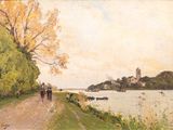 a painting of people walking down a path by the water