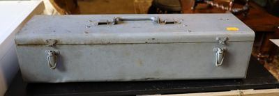 a metal box sitting on top of a wooden box