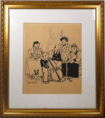 an image of a drawing of a group of people sitting around a table
