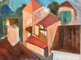 une peinture à l'huile représentant une vue d'une ville avec une église en arrière-plan